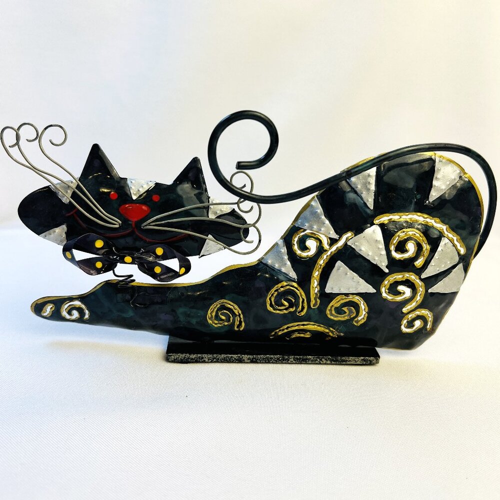 Whimsical Black Cat Tea Light Holder Vintage Handcrafted Metal Folk Art 8”